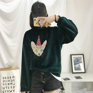 Mock-neck Cat Print Pullover