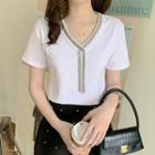 Short-sleeve V-neck Fringed T-shirt