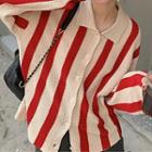 Collared Striped Cardigan Stripes - Red & Beige - One Size