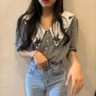 Balloon-sleeve Short-sleeve Gingham Blouse