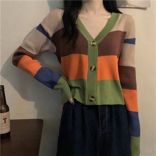 V-neck Color-block Knit Cardigan As Figure - One Size