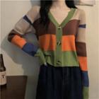 V-neck Color-block Knit Cardigan As Figure - One Size