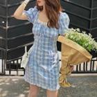Puff-sleeve Top / Check Ruffled Mini Sheath Dress