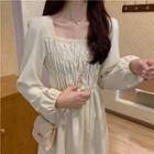 Square-neck Lace Ruched Long-sleeve Dress
