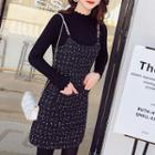 Long-sleeve Mock-neck Knit Top / Tweed Mini Pinafore Dress / Set