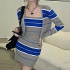 Set Of 3 : Striped Cardigan & Top & Skirt