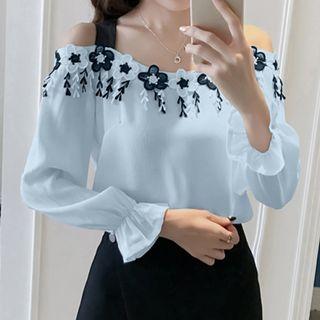 Flower Appliqued Cold Shoulder Long Sleeve Top