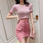 Glitter Short-sleeve Cropped T-shirt / Lace-up Mini Skirt
