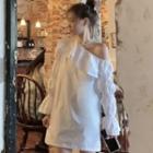 Flared-cuff One-shoulder Ruffle Trim Mini A-line Dress White - One Size