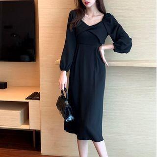 Long-sleeve Square Neck Plain Dress