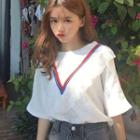 Elbow-sleeve Contrast Stripe Lace Panel Top