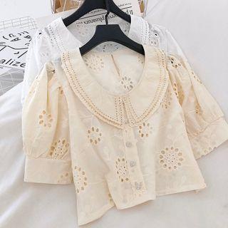 Peter Pan-collared Cutout Puff-sleeve Blouse