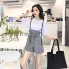 Set: Plain Puff-sleeve T-shirt + Check High-waist Jumper Pants