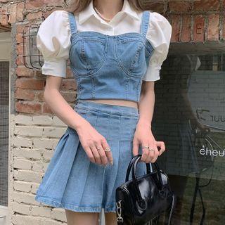 Short-sleeve Denim Blouse / Pleated Skirt / Sleeveless Top