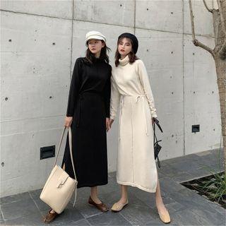 Drawstring-waist Turtleneck Midi Sweater Dress