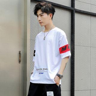 Round-neck Color-block Printed Letter Oversize Top