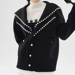 Sailor Collar Faux Pearl Cardigan