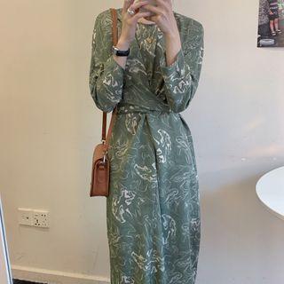 Printed 3/4-sleeve Midi Sheath Dress Green - One Size