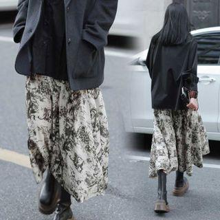 High Waist Print Midi A-line Skirt