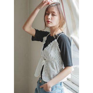 Spaghetti-strap Tie-front Eyelet-lace Top