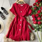 Heart-button Short-sleeve V-neck Tie-waist Dress