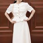 Short-sleeve Peplum Blouse / A-line Skirt / Set