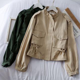 Drawstring-waist Stand-collar Plain Jacket