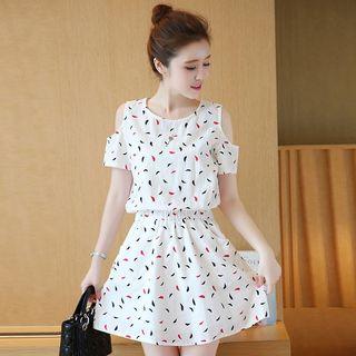 Short-sleeve Cutout Shoulder Printed A-line Dress