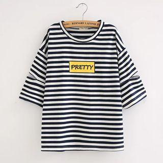 Elbow-sleeve Striped Cutout T-shirt
