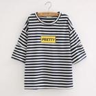 Elbow-sleeve Striped Cutout T-shirt