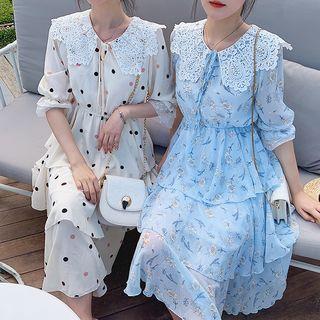 Lace Collared Elbow-sleeve Midi Dress