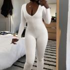 Plain V-neck Long Sleeve Zipped Jumpsuit