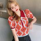 Floral Knit Cropped Polo Shirt