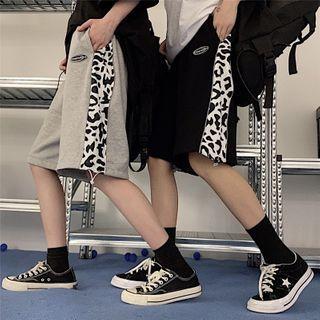 Cow Pattern Print Panel Plain Straight Cut Drawstring Shorts