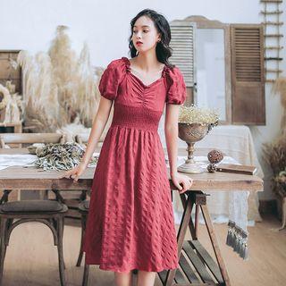 Puff-sleeve High Waist Dress