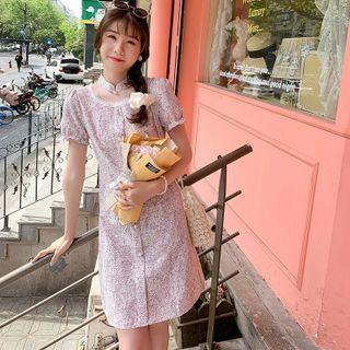 Puff-sleeve Lace Panel Floral Dress