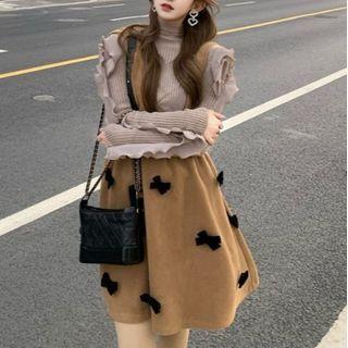 Ruffled Trim Turtleneck Sweater / Bow Jumper Skirt