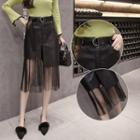 Sheer Panel Faux Leather Midi Skirt