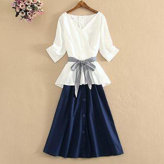 Set: Short-sleeve Sashed Blouse + Button-up Midi Skirt