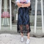 Lace Overlay A-line Midi Denim Skirt
