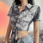 Tie-dye Print Front-knot Ribbed T-shirt