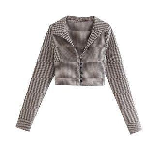 Long-sleeve Collared Houndstooth Crop Top