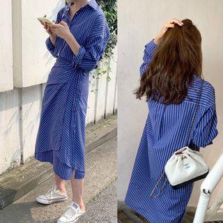 Set: Striped Long-sleeve Midi Shirt Dress + Midi Skirt As Shown In Figure - One Size