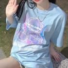 Bear Print Short Sleeve Tee As Shown In Figure - One Size