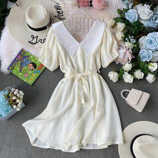 Collared Tie-waist Short-sleeve Dress