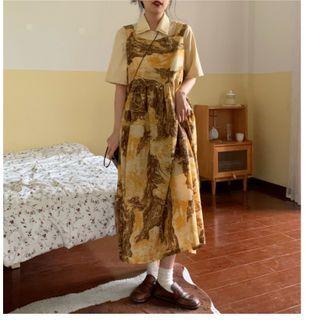 Elbow-sleeve Shirt / Spaghetti Strap Printed A-line Midi Dress