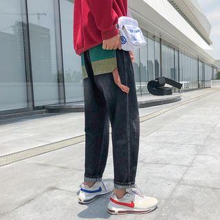 Patchwork Washed Straight-cut Jeans