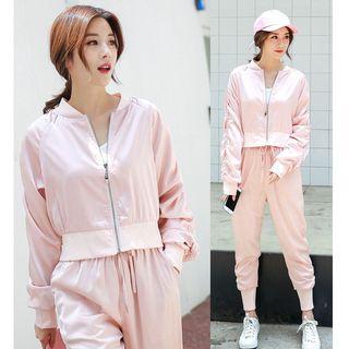 Set: Plain Cropped Jacket + Drawstring Sweatpants
