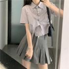 Short-sleeve Asymmetric Plain Shirt / High-waist Plain Pleated Skirt