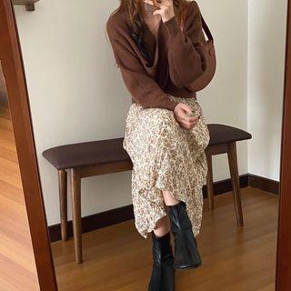 Long-sleeve Floral Print Midi A-line Dress / Cross Cropped Sweater